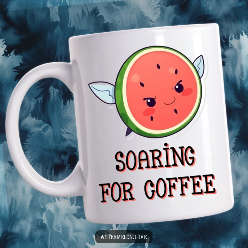 Funny kawaii watermelon slice with a determined expression attempting to fly, depicted on a mug for aspirational humor.
