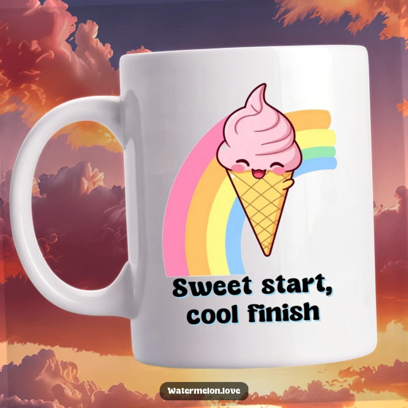 Funny mug featuring a winking anthropomorphic ice cream cone joyfully sliding down a vibrant rainbow, spreading sweet delight.