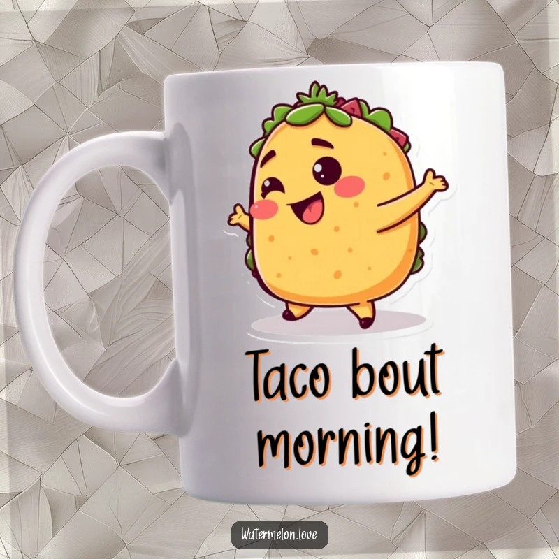 Funny taco mug, anthropomorphic taco doing a lively dance with a giggling expression, celebrating Mexican food culture.