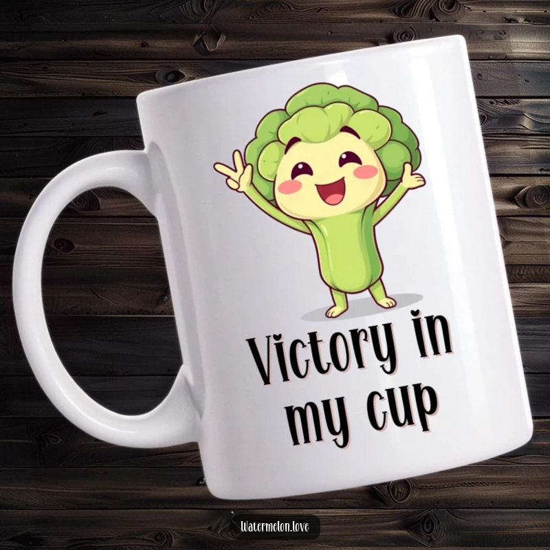 Funny Mug: Jubilant broccoli floret striking a victory pose, representing health and success, a hilarious funny gift.
