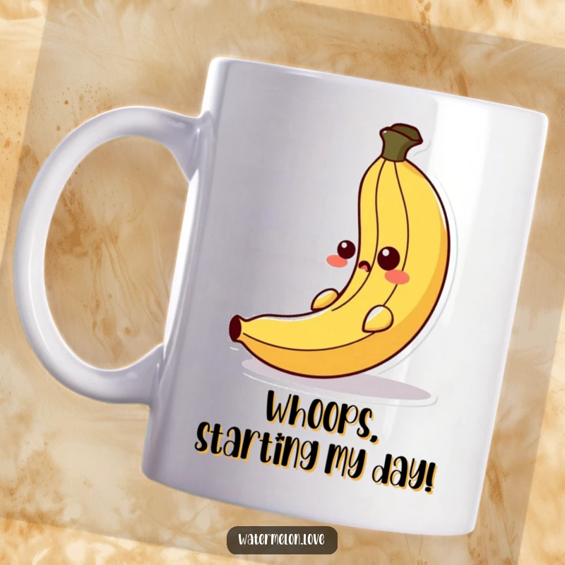 Funny mug featuring an anthropomorphic banana peel comically slipping with a silly, wide-eyed surprised face for maximum slapstick appeal.
