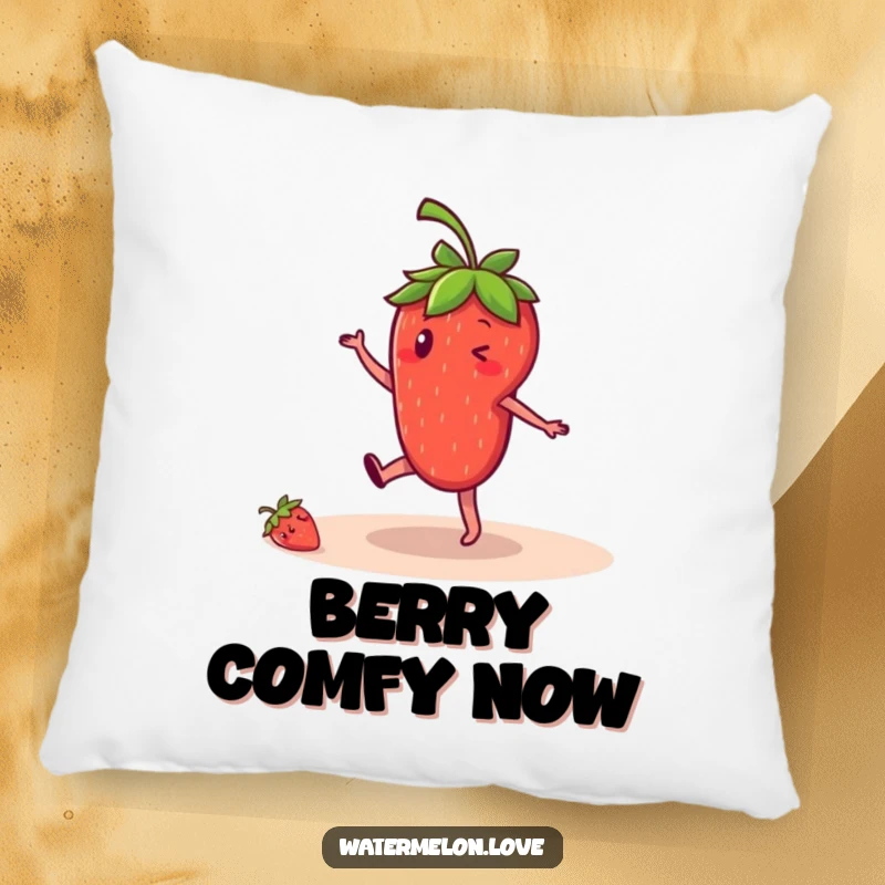 Funny strawberry pillow, plush cushion with anthropomorphic fruit character doing a cartwheel, soft and humorous home accent.