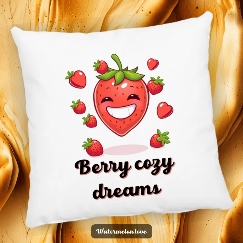 Funny plush pillow featuring a grinning strawberry character juggling a bunch of berries, perfect for a cozy laugh.