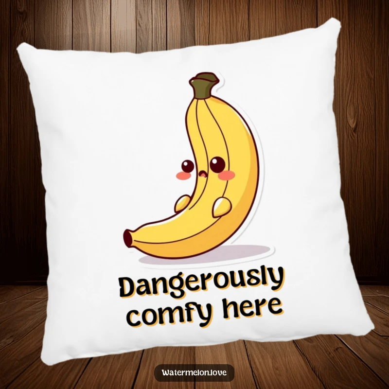 Funny pillow showcasing a surprised anthropomorphic banana peel in the act of slipping, designed for cozy humor and delightful decor.
