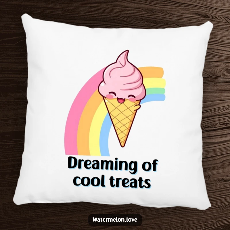 Funny pillow featuring a winking anthropomorphic ice cream cone sliding down a rainbow, for cozy, sweet dreams.