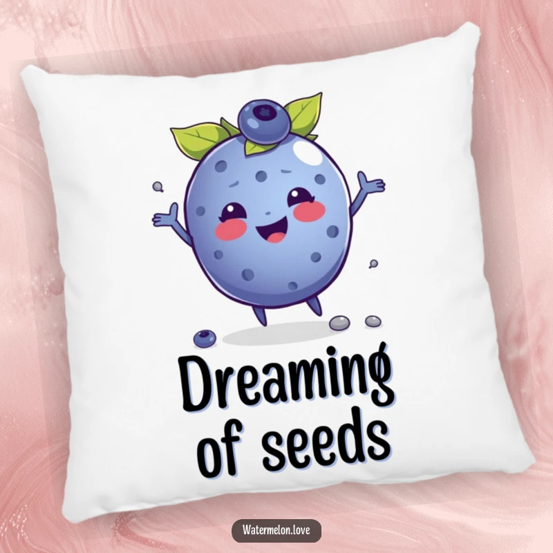 Funny pillow featuring a happy anthropomorphic blueberry juggling seeds, designed to add comfort and playful charm to any room.