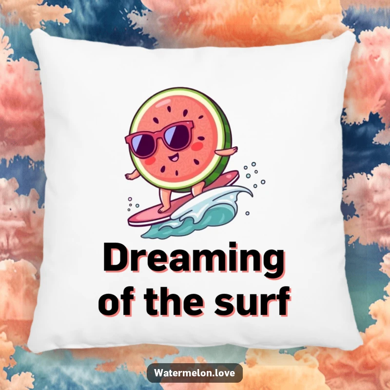 Funny kawaii watermelon slice wearing sunglasses surfing on a tiny wave, a humorous and soft pillow.