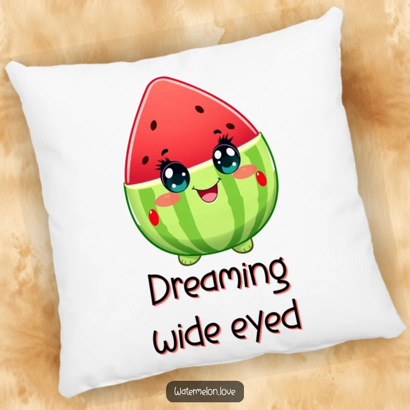 Funny pillow featuring a watermelon character with wide, ecstatic eyes, radiating pure joy and offering soft, delightful comfort.