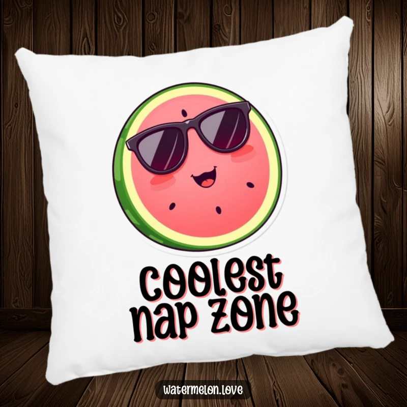 Funny watermelon slice wearing cool sunglasses, printed on a soft pillow, a chill and humorous gift.