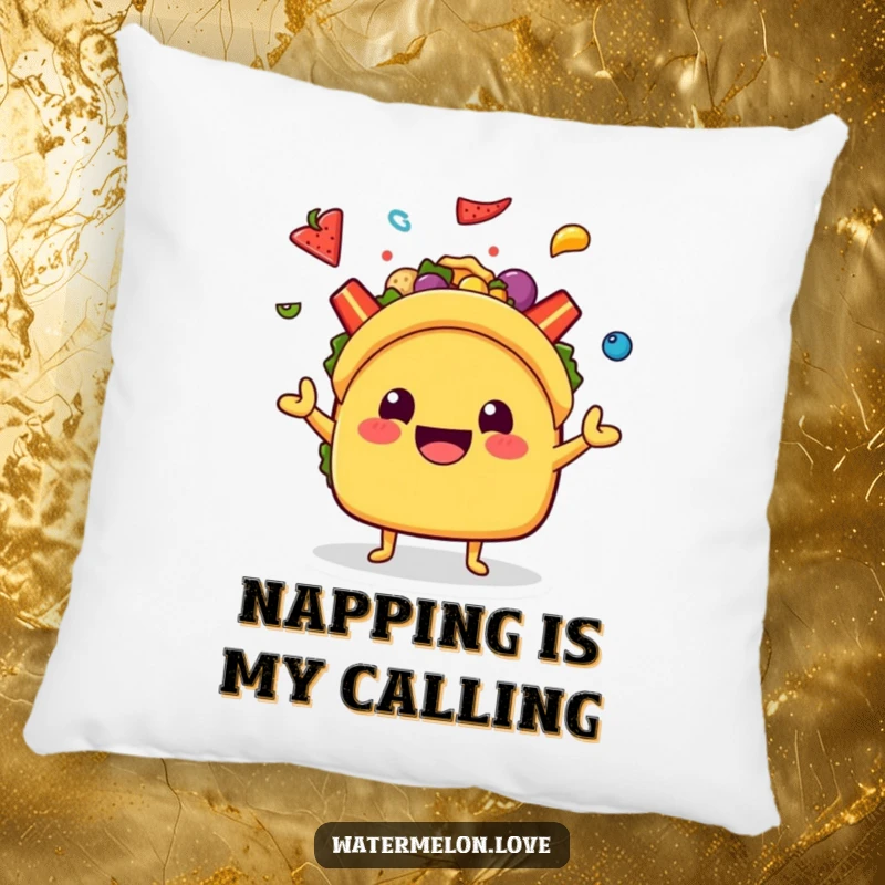 Funny Kawaii Taco Pillow: A plush pillow featuring a smiling taco character juggling colorful toppings, offering comfort and humor.