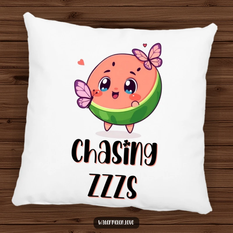 Funny and soft pillow showcasing a kawaii watermelon slice excitedly chasing a butterfly, perfect for cheerful decor.