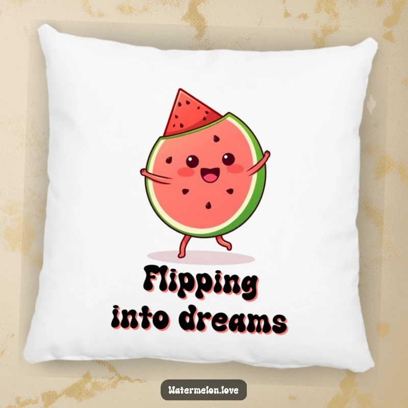 Funny and soft pillow showcasing a kawaii watermelon slice doing a cartwheel, perfect for adding cheerful decor.