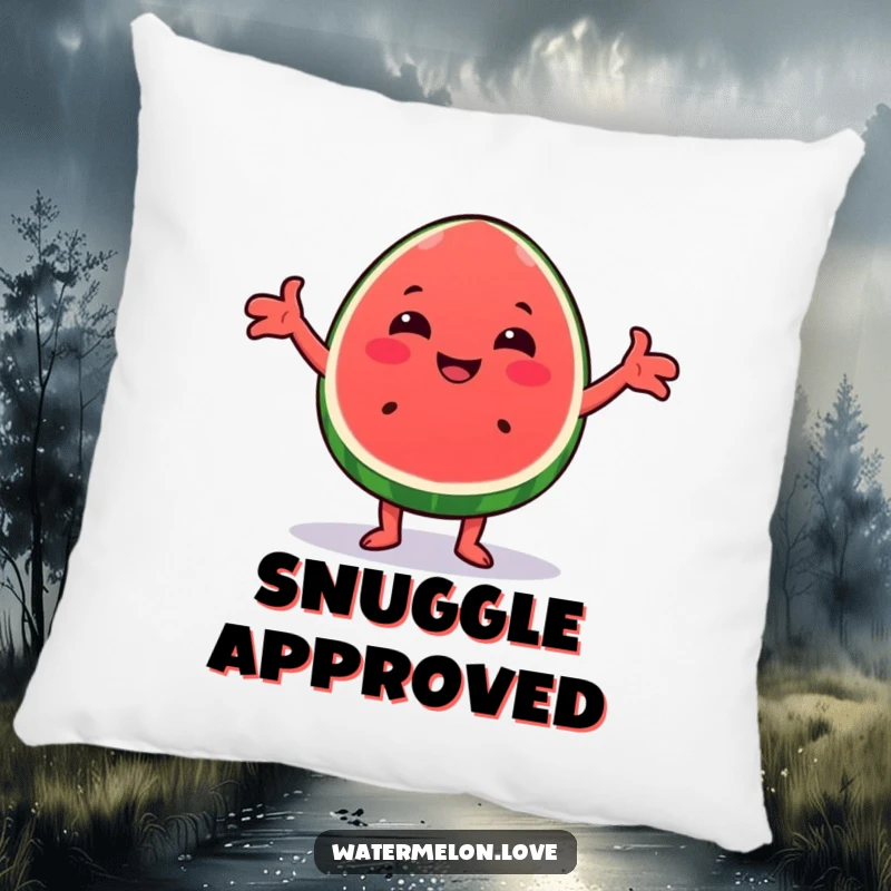 Funny Kawaii watermelon wedge pillow, featuring a character ready to give a cheerful, comforting hug, perfect for relaxation.
