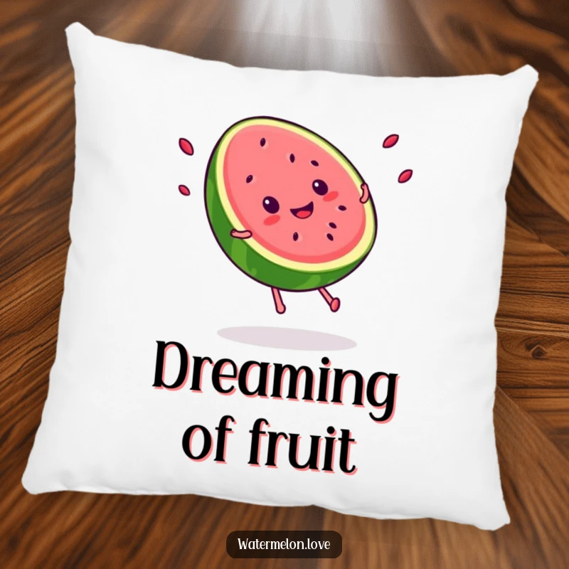 Funny Kawaii smiling watermelon slice doing a cartwheel, seeds flying, a soft and humorous decorative item for summer.