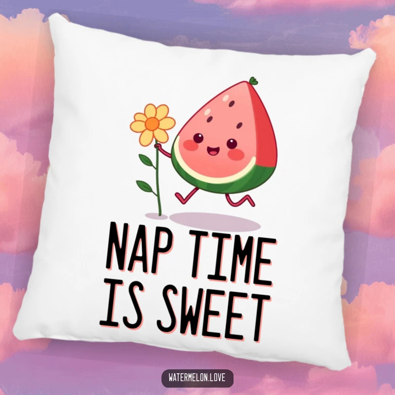 Funny kawaii watermelon with legs skipping joyfully with a flower, printed on a soft pillow, a cute and humorous gift.