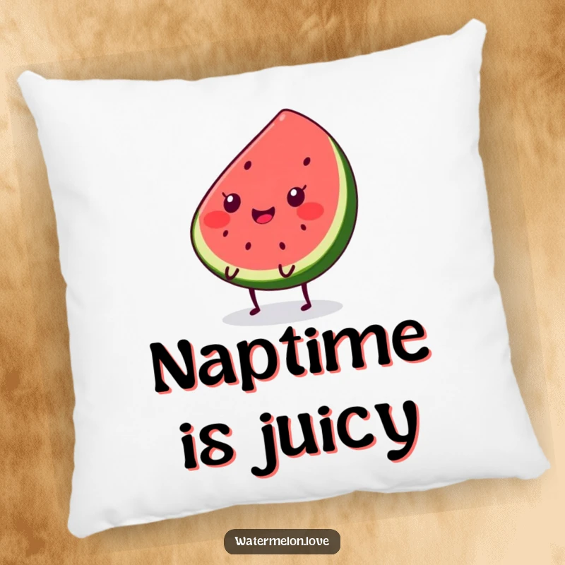 Funny Kawaii watermelon slice pillow, showcasing a smiling character with tiny legs having a delightful bounce, perfect for comfort.