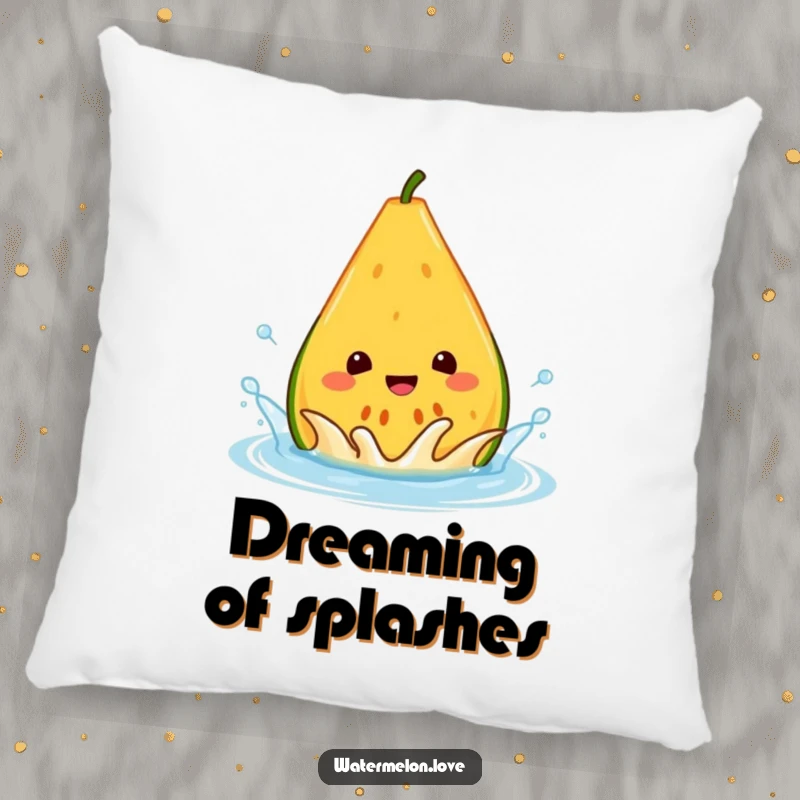 Funny melon pillow, a happy anthropomorphic wedge splashing in a water droplet, perfect for a comfy and cheerful accent.