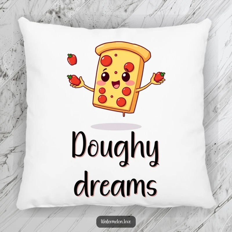 Funny pizza pillow, plush cushion with anthropomorphic pizza slice juggling pepperoni with glee, soft and humorous home decor.
