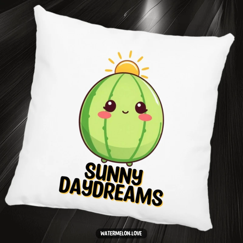 Funny pillow featuring a watermelon character with a sunshine halo, looking upwards with a calm, blissful, and hopeful demeanor.