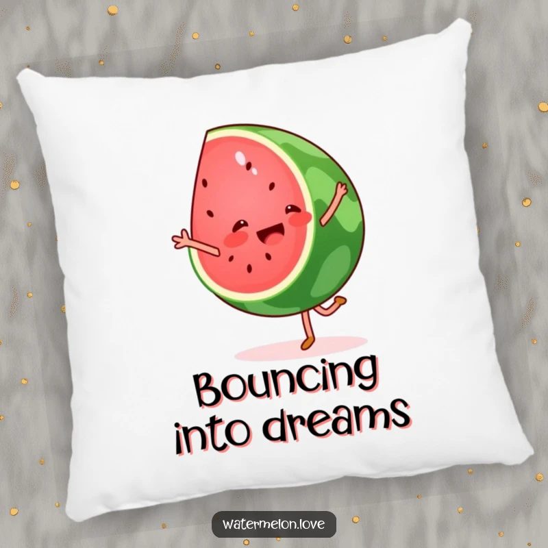Funny watermelon cartwheel pillow, a plush fruit wedge in acrobatic motion, perfect for adding humor.