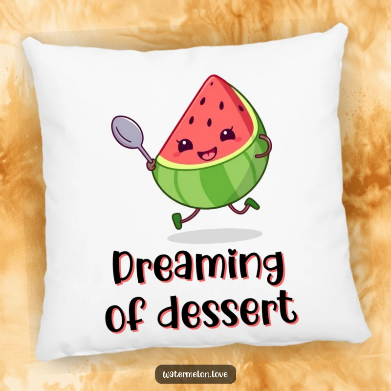 Funny pillow featuring a kawaii watermelon slice with a cheeky grin, in motion with a giant spoon, a soft and humorous decorative item.