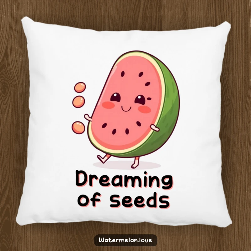 Funny Watermelon Pillow: Soft cushion featuring a smiling watermelon juggling seeds, a refreshing decor piece.