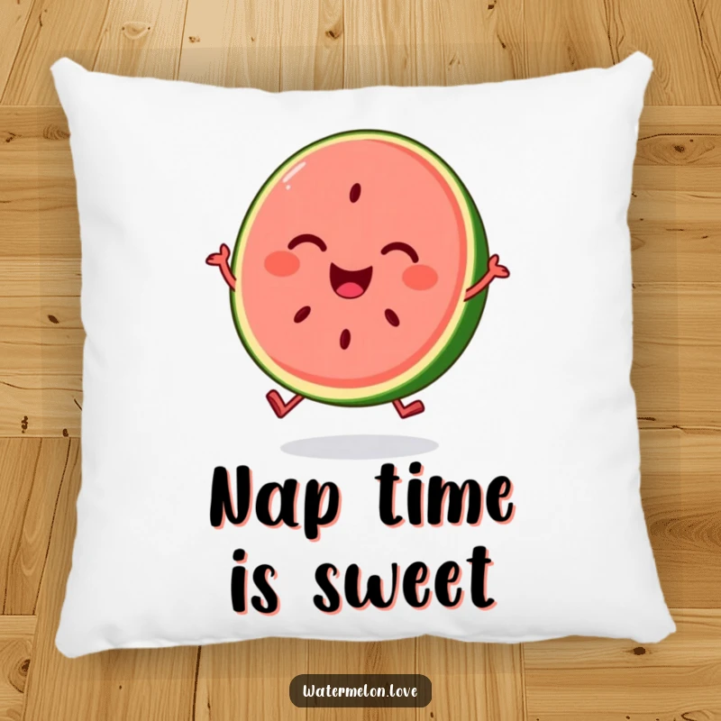 Soft pillow featuring a smiling, anthropomorphic watermelon slice bouncing with pure joy and summer delight.