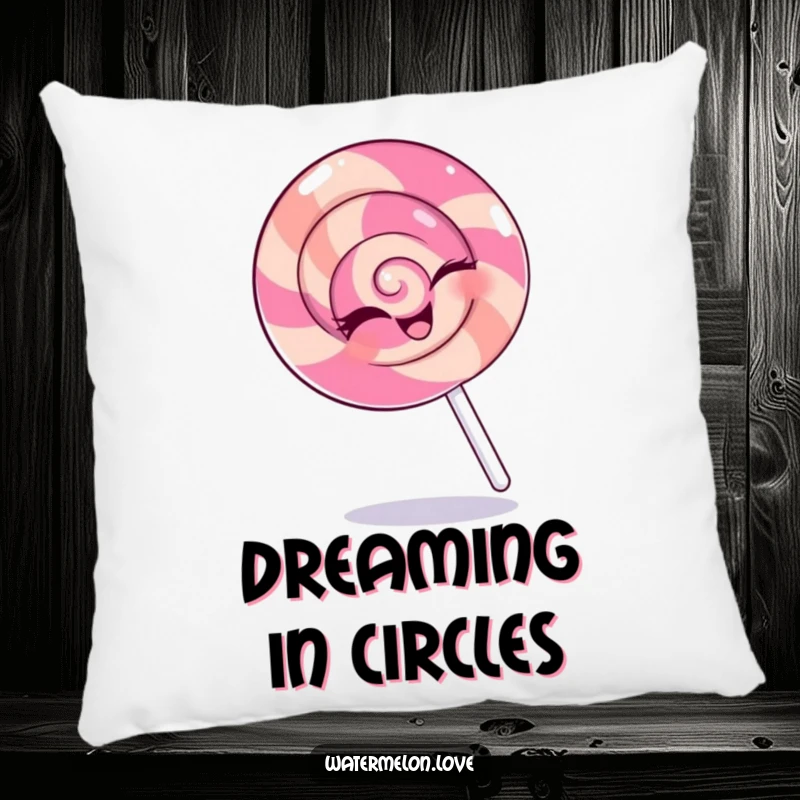 Funny pillow featuring a happy, winking anthropomorphic lollipop in a spin, designed for cozy comfort and sweet decorative appeal.