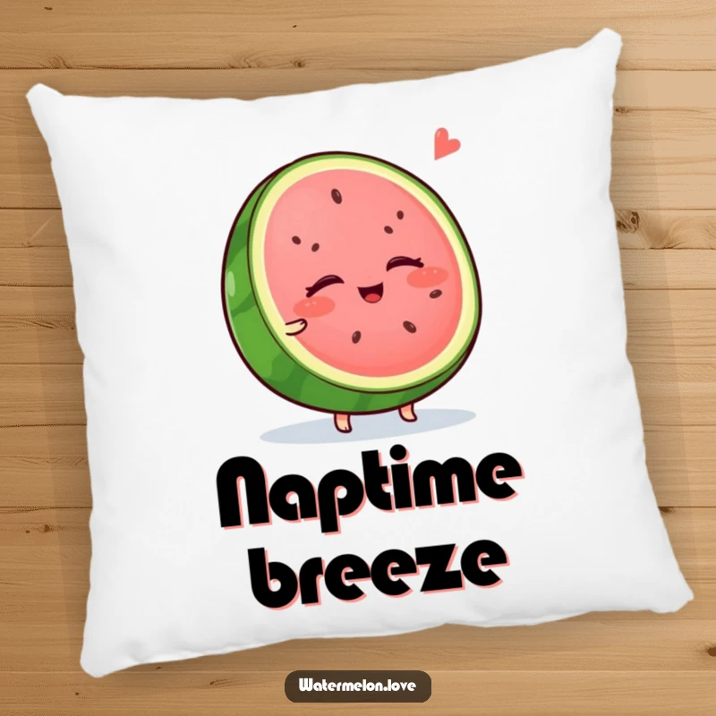 Funny watermelon pillow, a wobbly slice with eyes closed, enjoying a cool breeze, perfect for a comfy and relaxing accent.