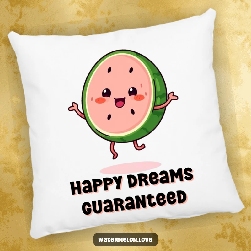 Funny kawaii watermelon slice with legs doing a happy jig, a humorous and soft pillow for relaxation.