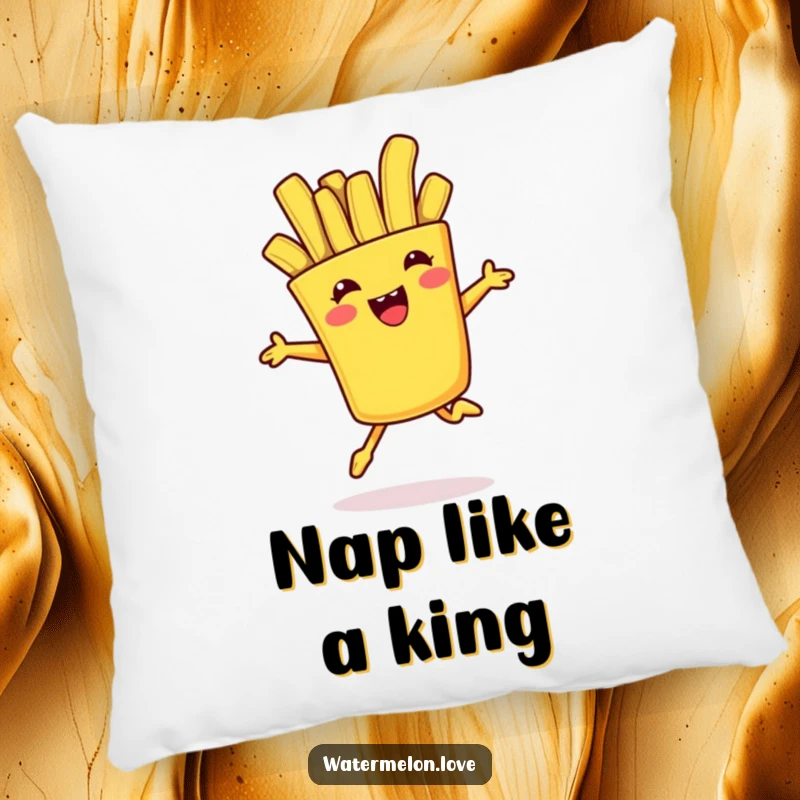 Funny pillow featuring a cheerful anthropomorphic french fry doing a playful jump, designed for cozy comfort and food-themed fun.