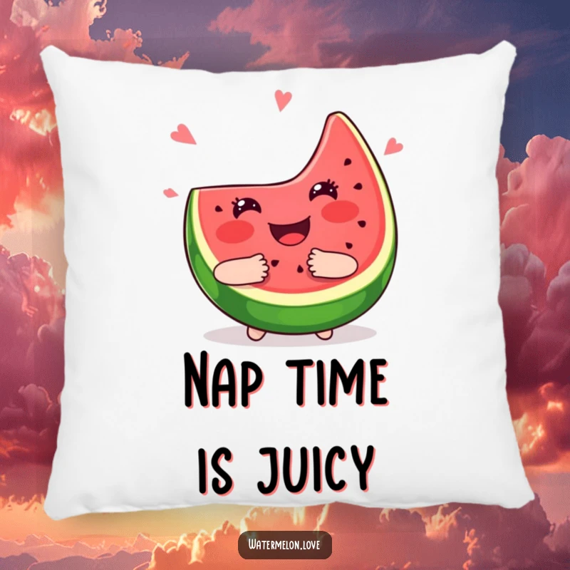 Funny kawaii watermelon slice pillow, smiling and offering a big juicy hug, plush and decorative cushion.