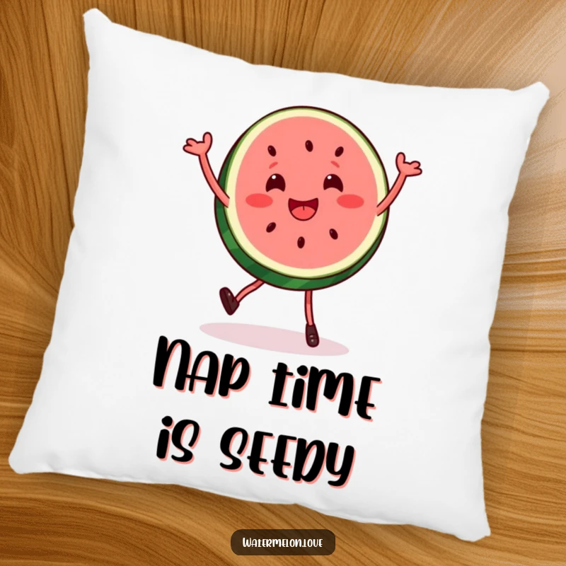 Funny watermelon slice pillow showing a character in a happy, bouncy dance, offering comfort and a touch of whimsical humor to any room.