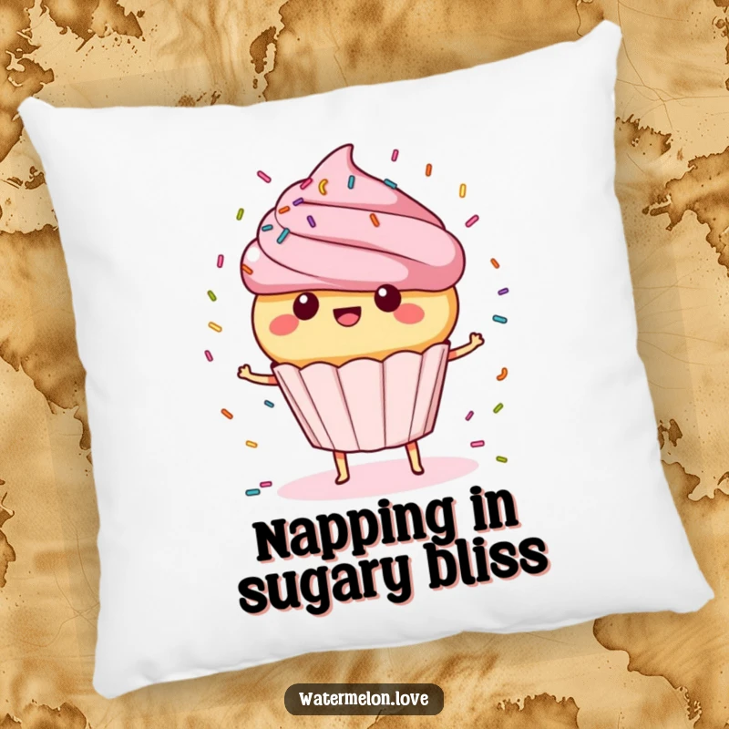Funny Pillow: Cupcake character spinning with sprinkles, soft and plush, a cute funny gift.