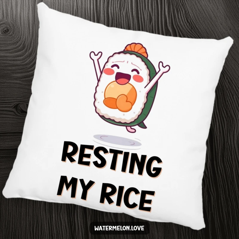 Funny sushi pillow, plush cushion with anthropomorphic sushi character leaping with joy, soft and humorous home decor.