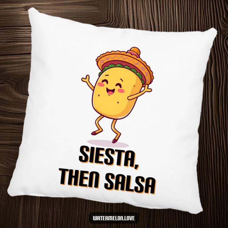 Funny pillow with a laughing anthropomorphic taco with legs dancing enthusiastically under a sombrero, for cozy comfort.