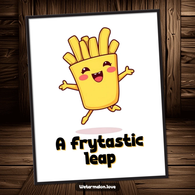 Funny digital art print of an anthropomorphic french fry doing a playful jump, perfect for adding instant foodie fun and energy.