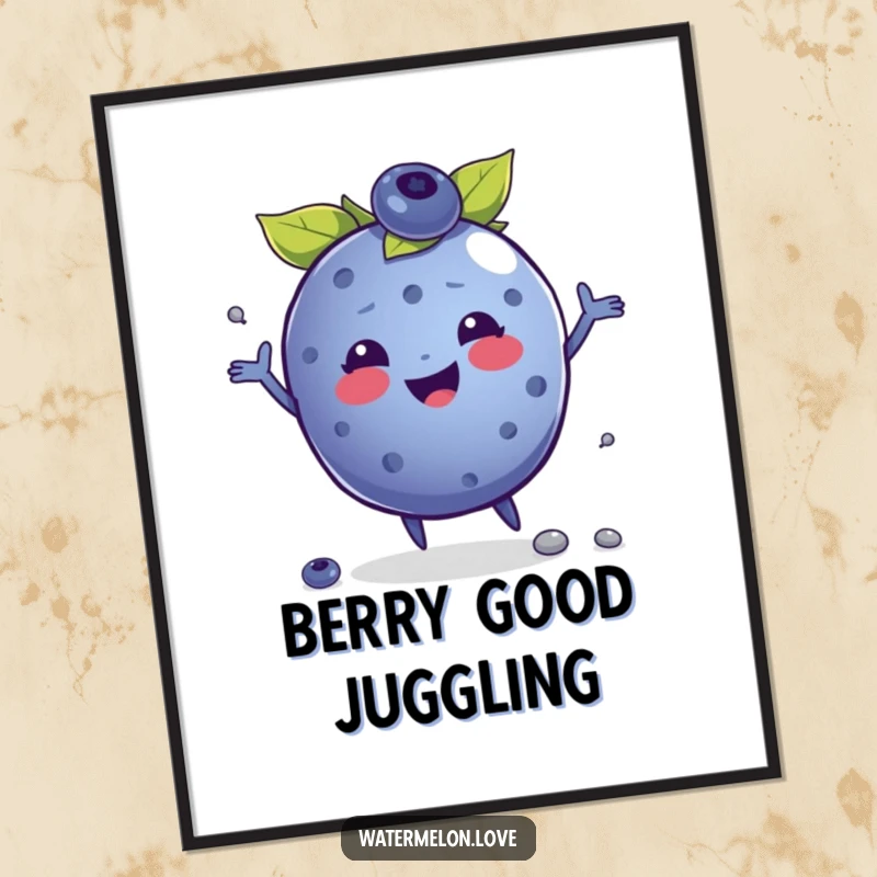Funny digital art print of a jubilant anthropomorphic blueberry juggling seeds, perfect for adding instant fruity cheer and happiness.