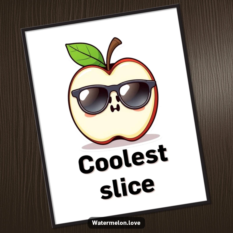 Funny Apple Slice Digital Art Print of a cool fruit character wearing sunglasses, perfect for relaxed and humorous decor.