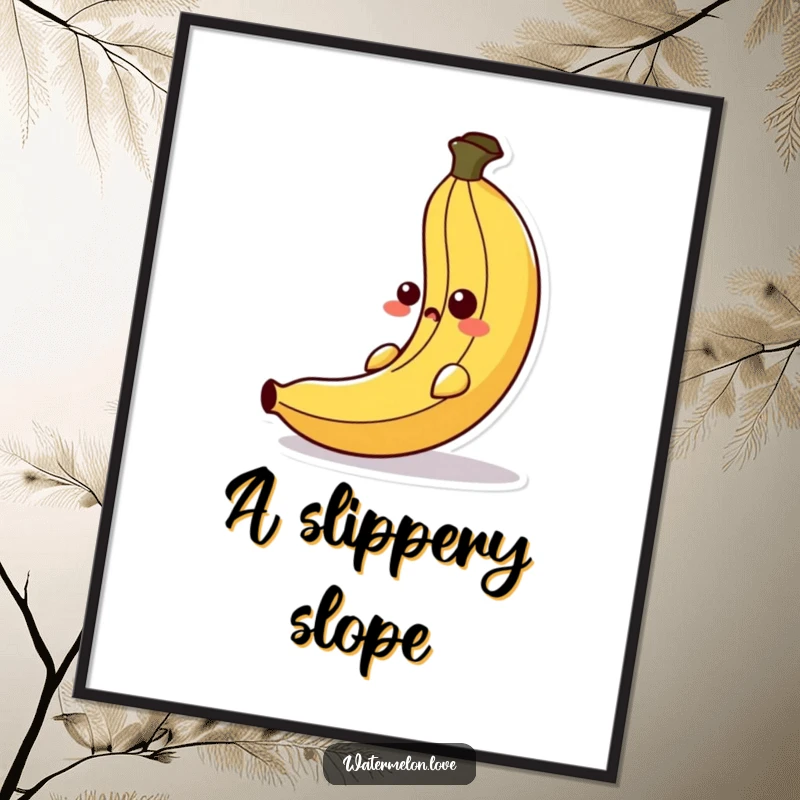 Funny digital art print of an anthropomorphic banana peel slipping with a silly surprised face, perfect for instant humorous wall decor.