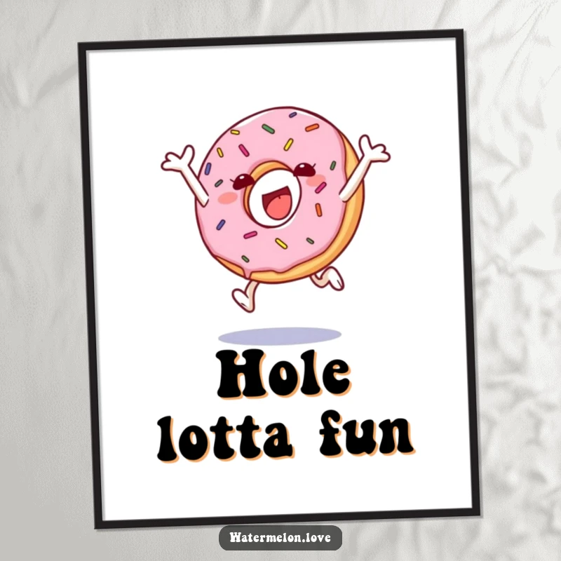 Funny digital art of a leaping anthropomorphic donut with sprinkles, perfect for instant joyful decor.