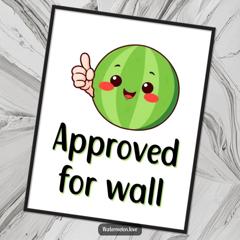 Funny watermelon character with green rind happily giving a thumbs-up, as a downloadable digital art print, a positive and humorous gift.