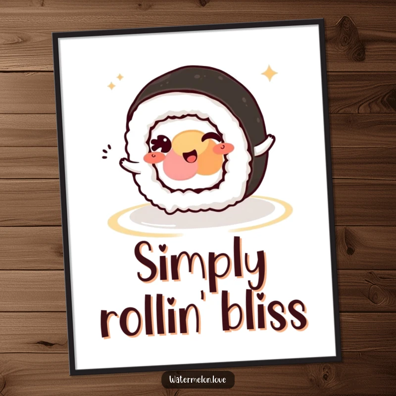 Funny Kawaii Sushi Roll Digital Art Print: A winking sushi roll character rolling dynamically, bringing playful vibes and humor.