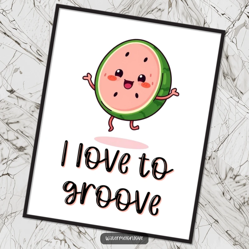 Funny kawaii watermelon slice with legs doing a happy jig, a colorful and humorous digital art print.