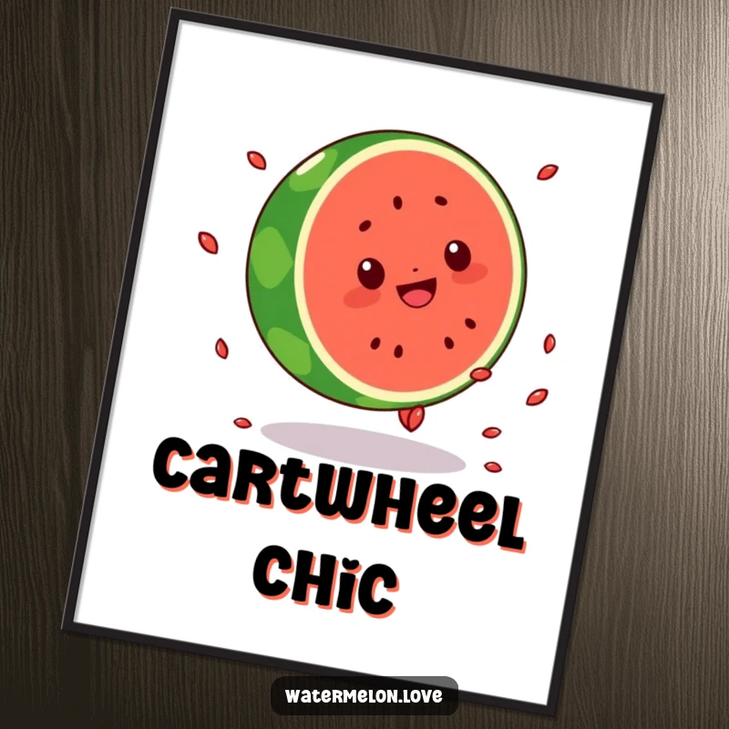 Funny digital art print of a round Kawaii watermelon character mid-cartwheel, seeds flying, an energetic and humorous illustration for instant decor.