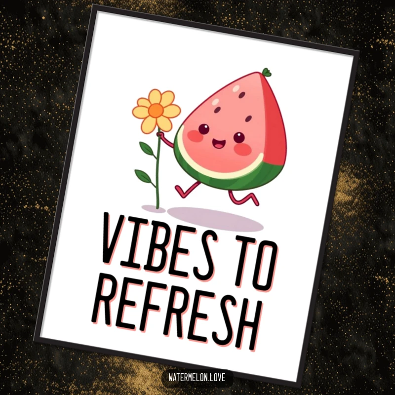 Funny kawaii watermelon character with legs skipping happily with a flower, as a downloadable digital art print, a fun and humorous gift.