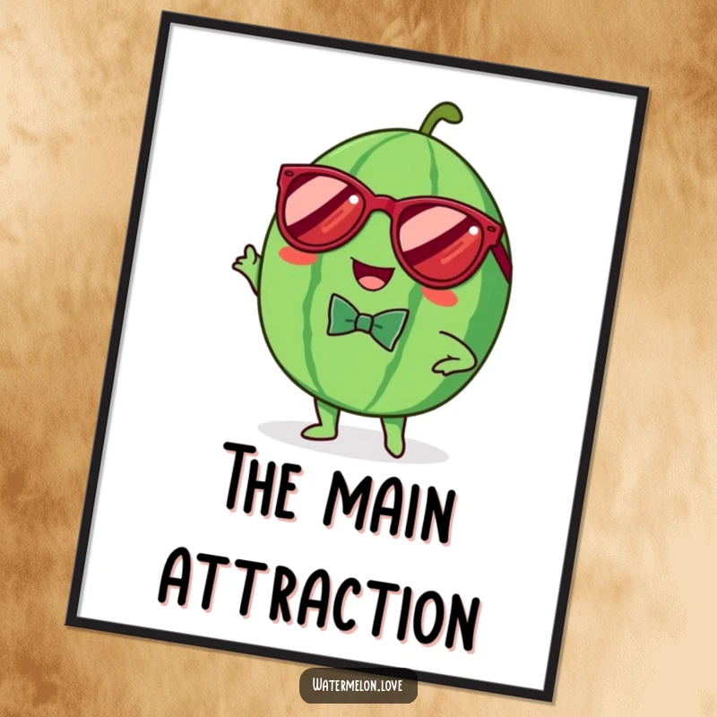Funny digital art print of a cheerful Kawaii watermelon wearing sunglasses and a bowtie, striking a pose, perfect for instant dapper decor.