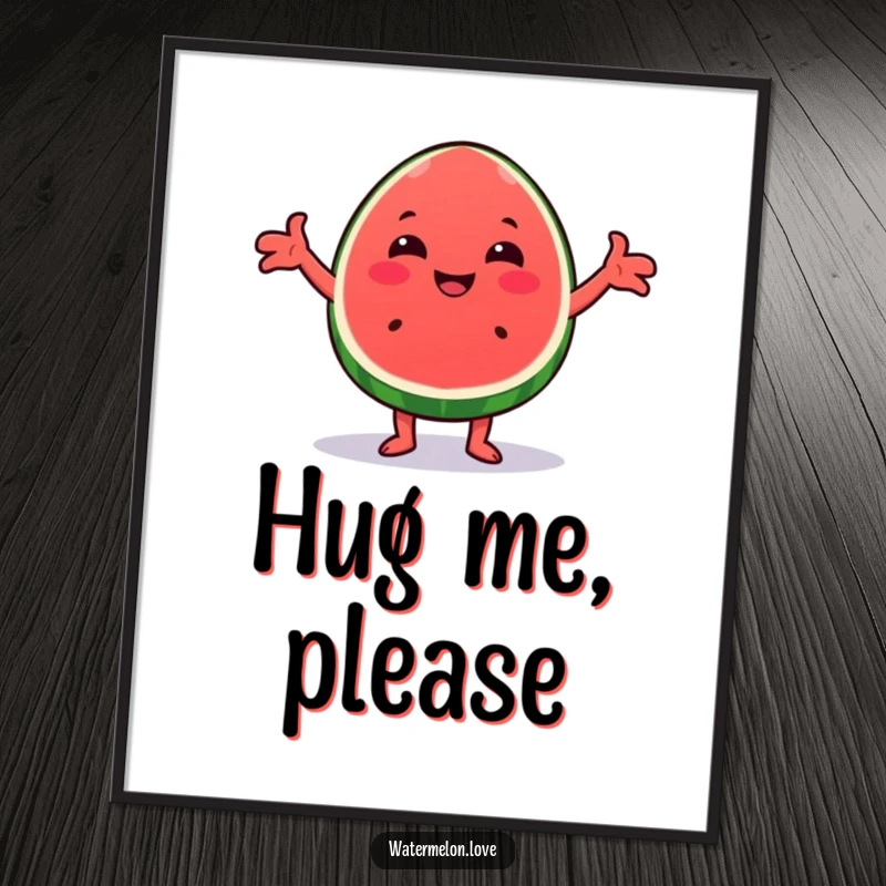 Funny Kawaii watermelon wedge digital art print of a character offering a cheerful, open-armed hug, ideal for heartwarming decor.