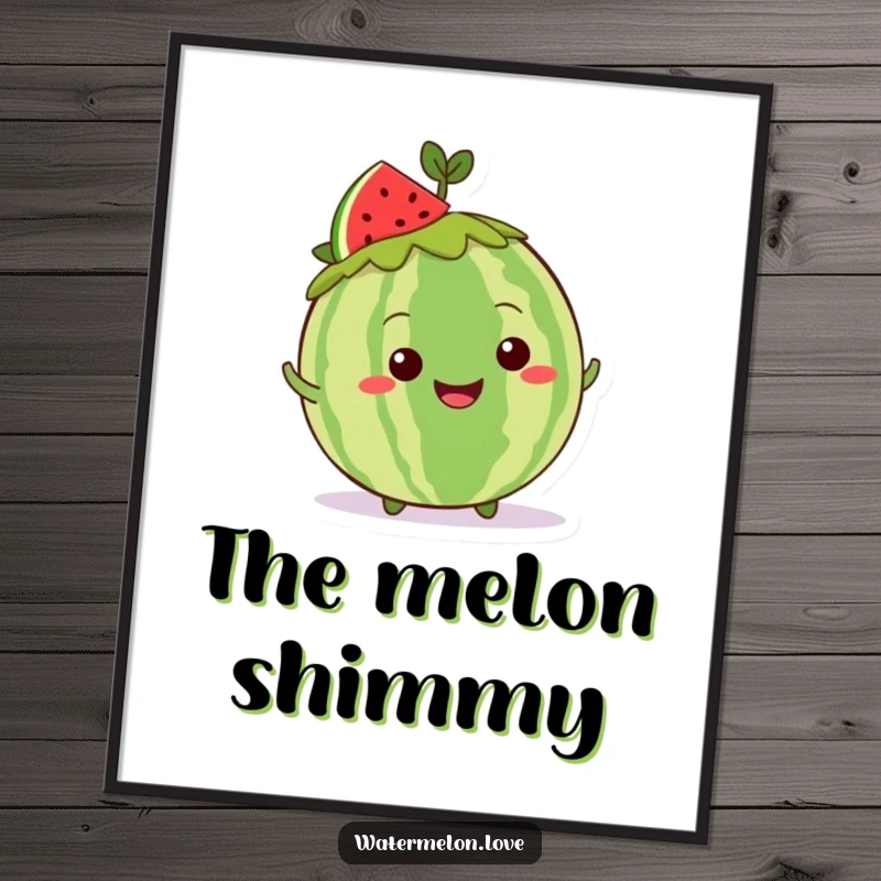 Funny Kawaii whole watermelon digital art print of a grinning character with a leafy crown doing a playful shimmy, for vibrant decor.