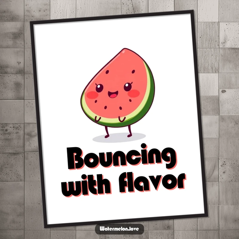Funny Kawaii watermelon slice digital art print of a smiling character with tiny legs joyfully bouncing, perfect for vibrant home decor.
